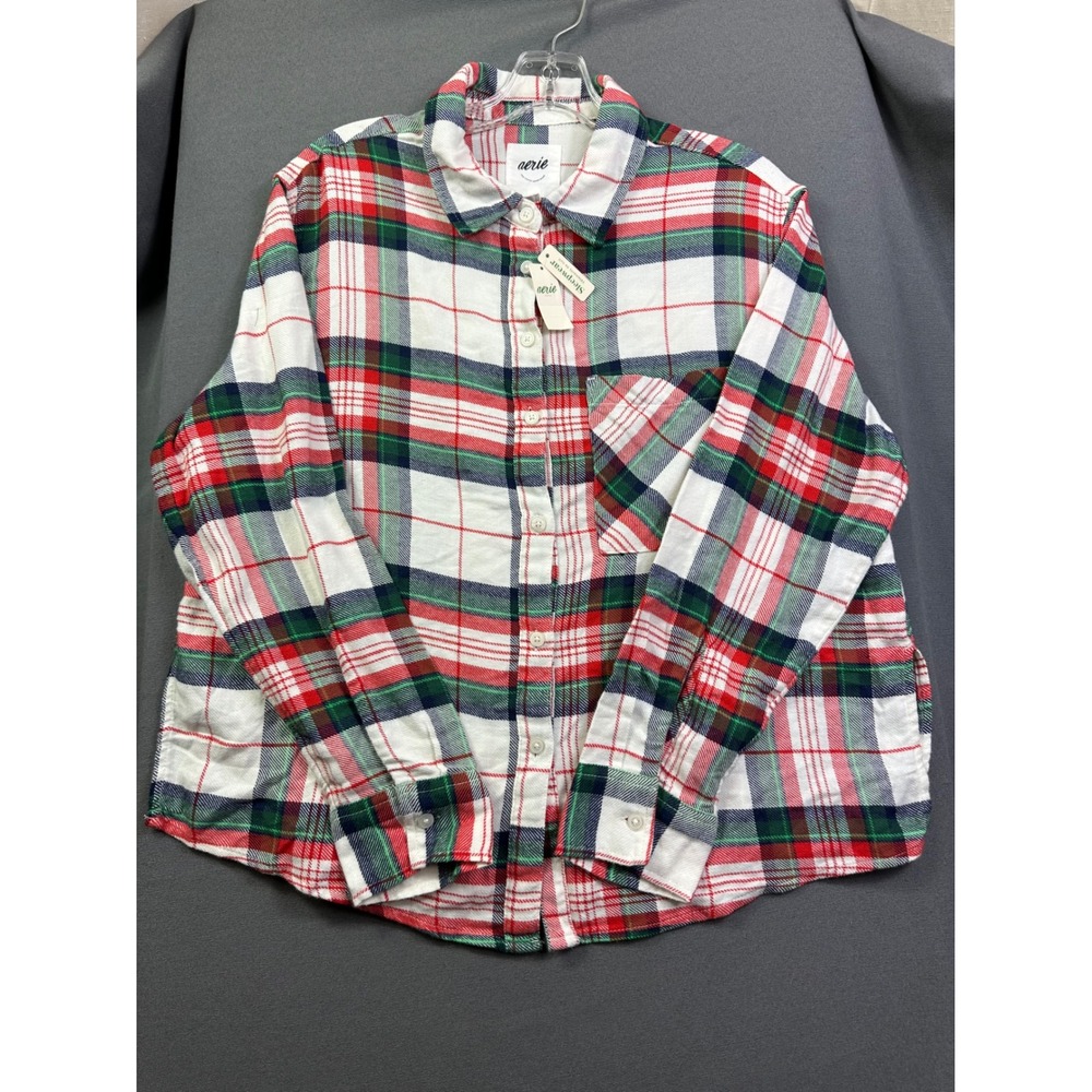 Aerie Women's Plaid Flannel Sleep Shirt Red Green White Button Down Pajama Top M
